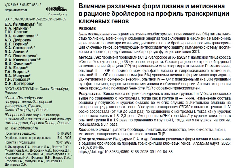 Влияние различных форм лизина и метионина в рационе бройлеров на профиль транскрипции ключевых генов